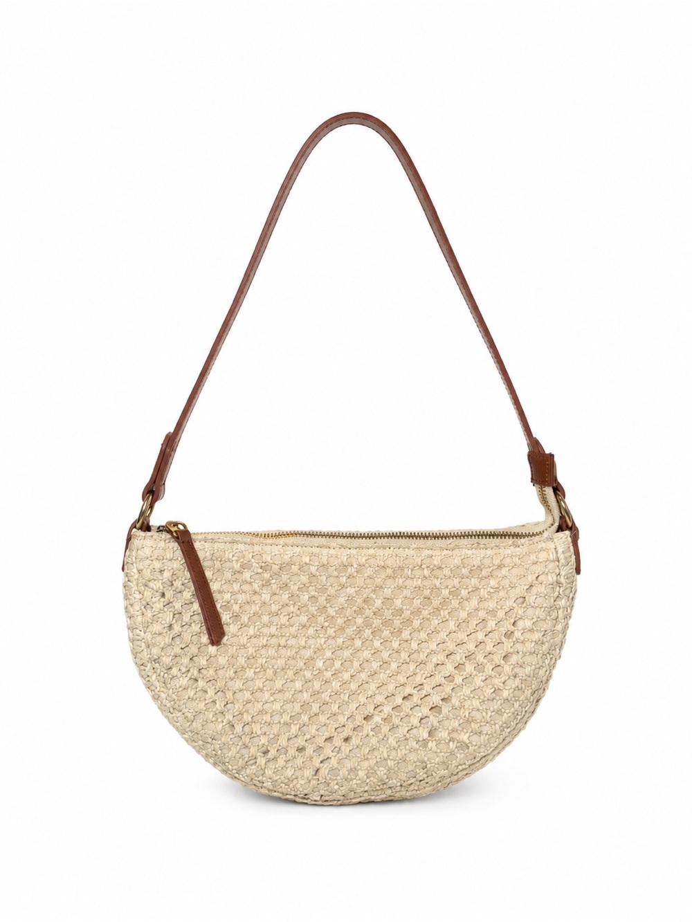 Woven Half-Moon Shoulder Bag in Natural with Brown Strap